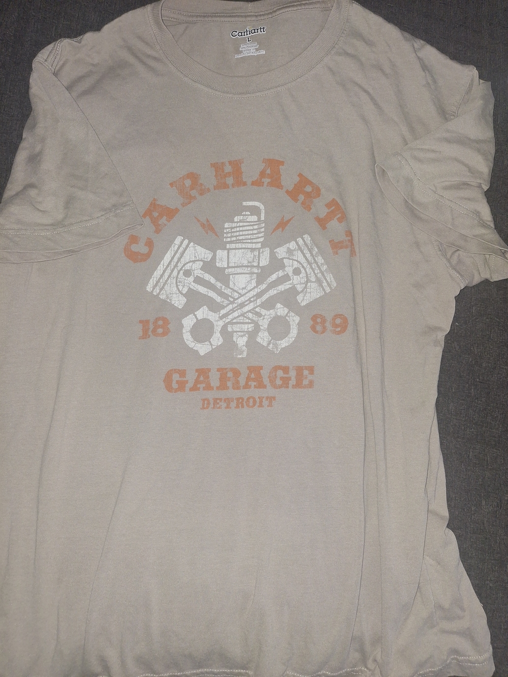 Carhartt Beige Short Sleeve Tee with Orange & White Garage Graphic